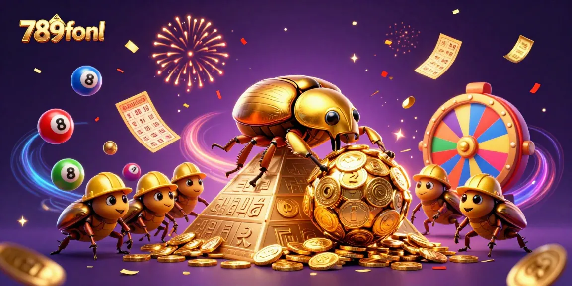 Experience thrilling gameplay at 789fonl with a golden dung beetle rolling coins and dynamic lottery elements.