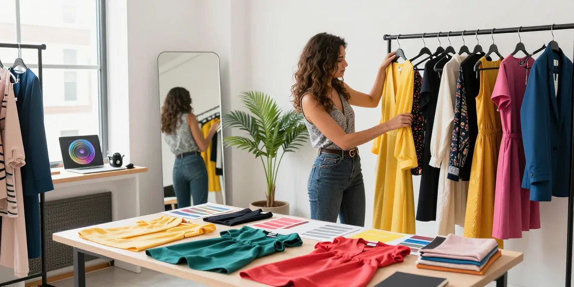 Consulente d'immagine in un moderno studio mentre analizza un guardaroba colorato ed elegante.