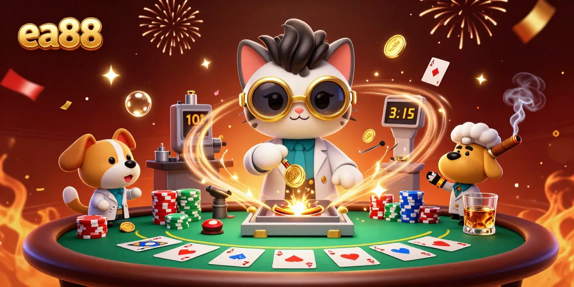 Experience thrilling gambling fun with ea88 featuring a mad scientist cat and poker elements.