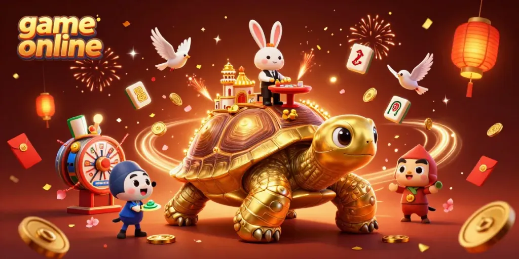 Experience exciting game online action with a golden tortoise hosting a vibrant casino scene.