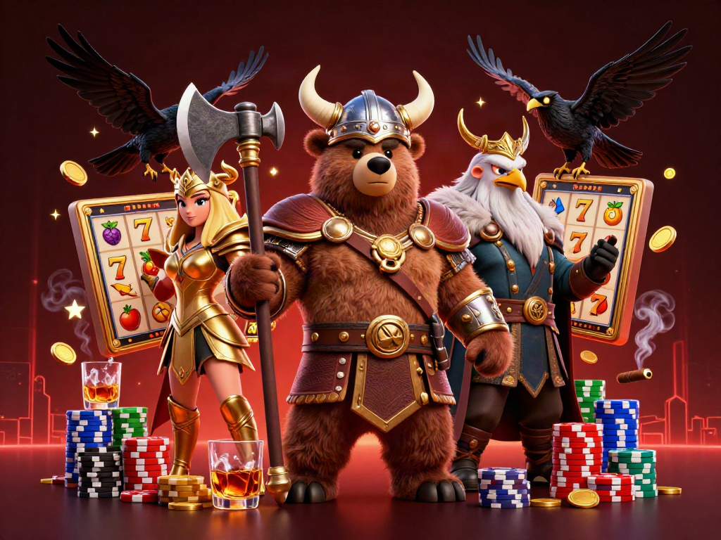 Engage in thrilling QQ1221 slots with dynamic characters, vibrant colors, and action-packed gambling elements.