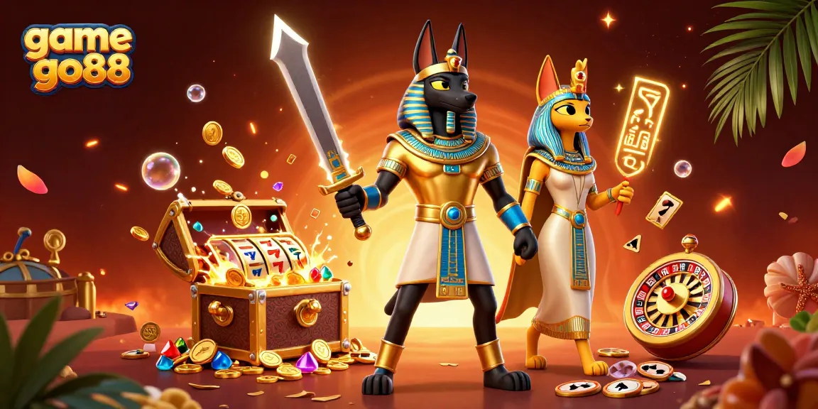 Experience the thrill of game go88 with Anubis and Bastet amidst vibrant casino elements.