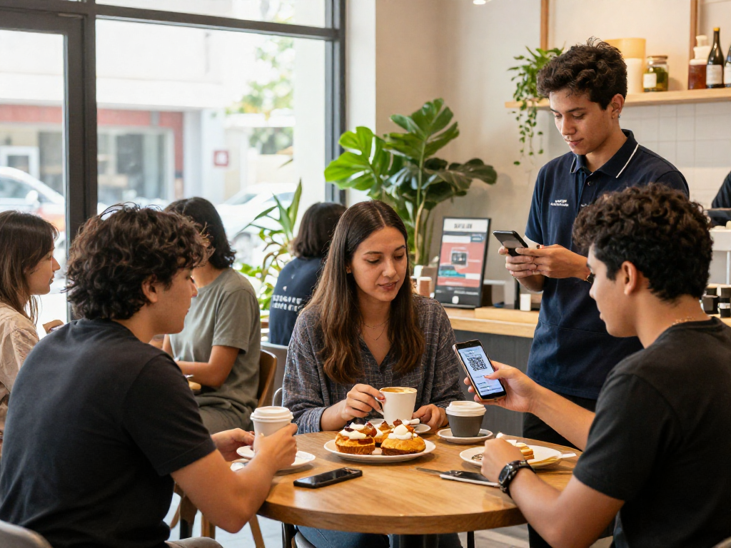 Engaging scene of a loyalty application in use at a modern café with customers earning rewards.