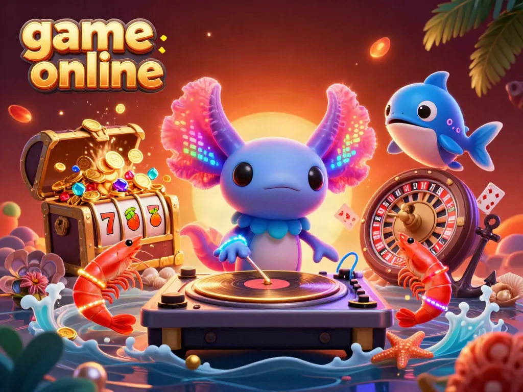 Enjoy game online with a vibrant scene of a DJ axolotl, slot reels, and underwater treasures.