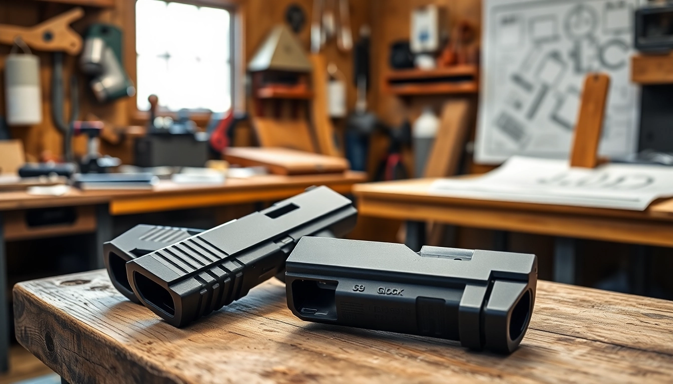 Examine glock 19 slides highlighting precision craftsmanship and quality in a workshop setting.