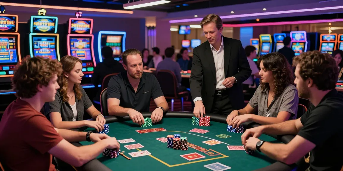 Exciting casino link building package scene with players at a lively poker table, vibrant atmosphere.
