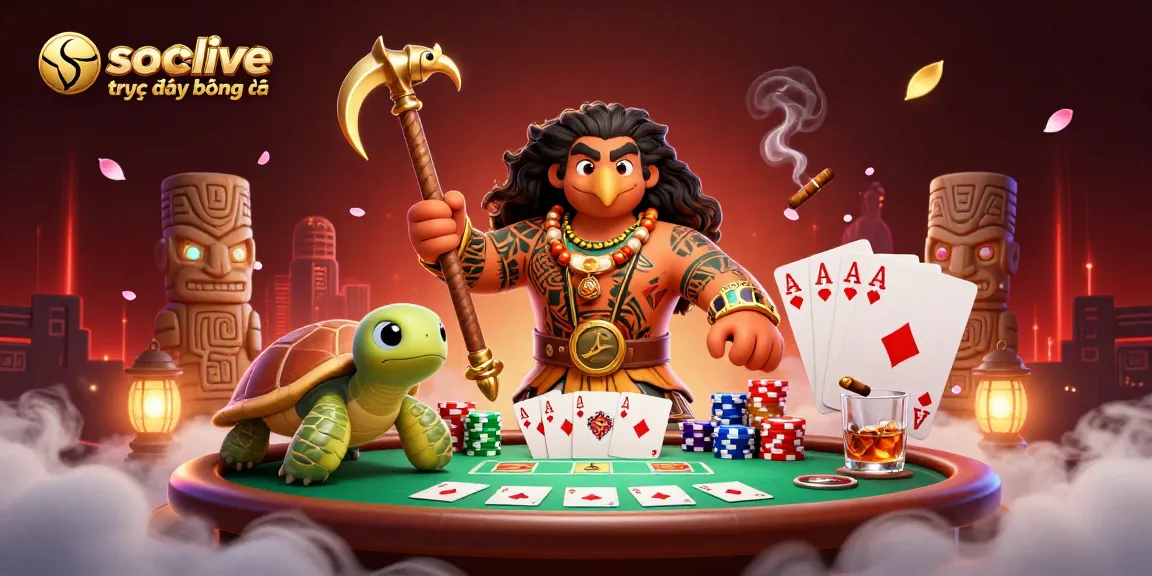 Socolive trực tiếp bóng đá showcases exciting live sports action with vibrant characters and poker elements, upleveling your betting experience.