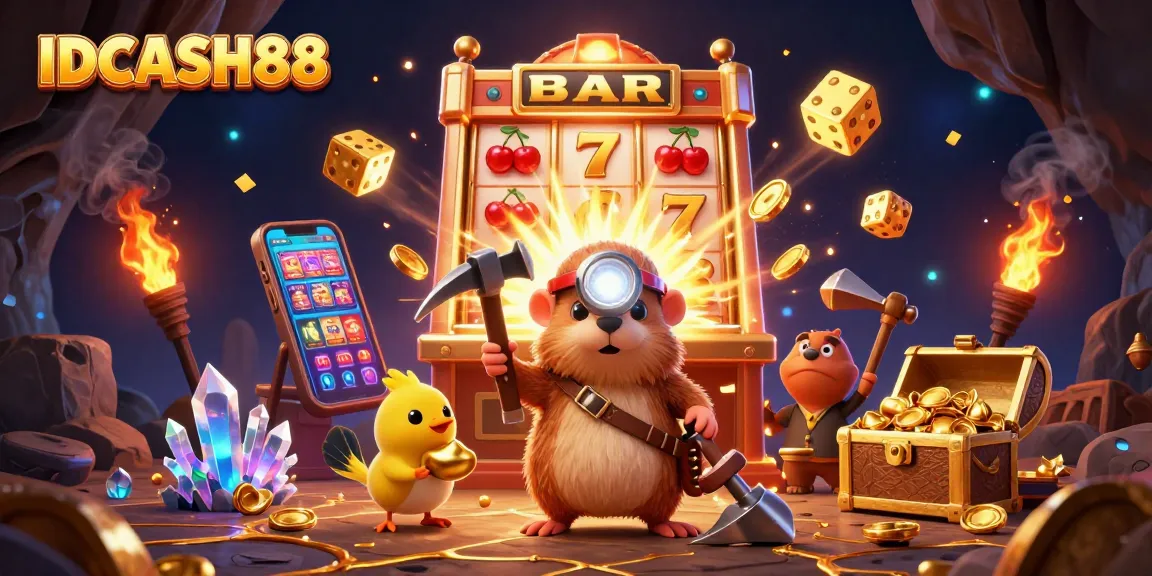 Spin to win with IDCASH88: vibrant slot machine, golden treasures, and exciting gameplay.
