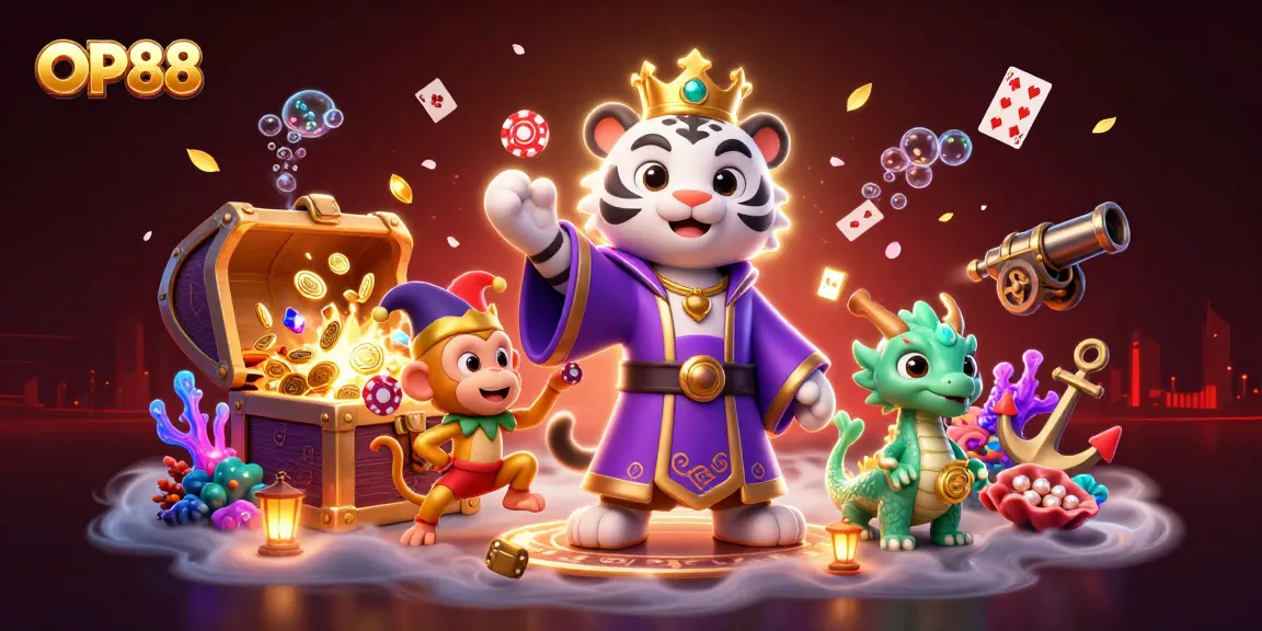 Engage with OP88's thrilling online casino experience amidst vibrant gambling elements and enchanting characters.