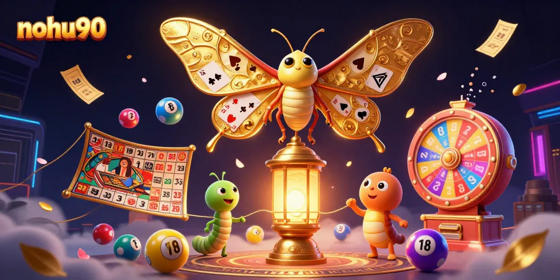 Nohu90 offers an exciting casino experience featuring a 3D moth, lottery balls, and vibrant casino elements.