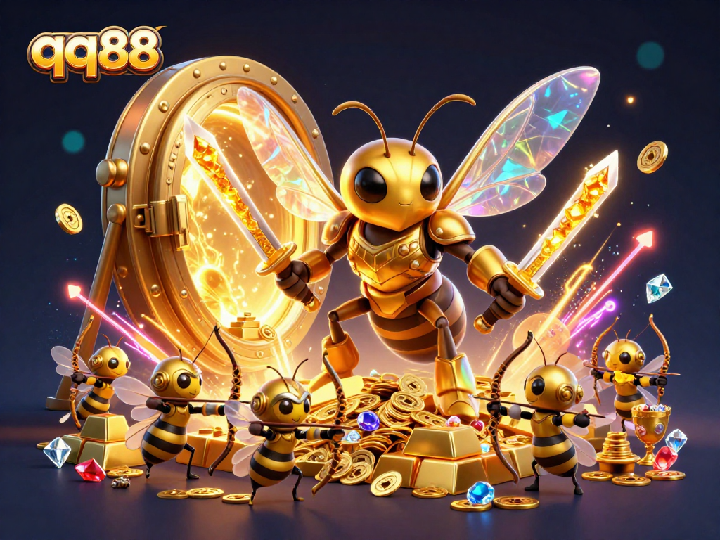 Join the excitement of qq88's vibrant 3D illustration showcasing a golden hornet samurai and treasure elements.