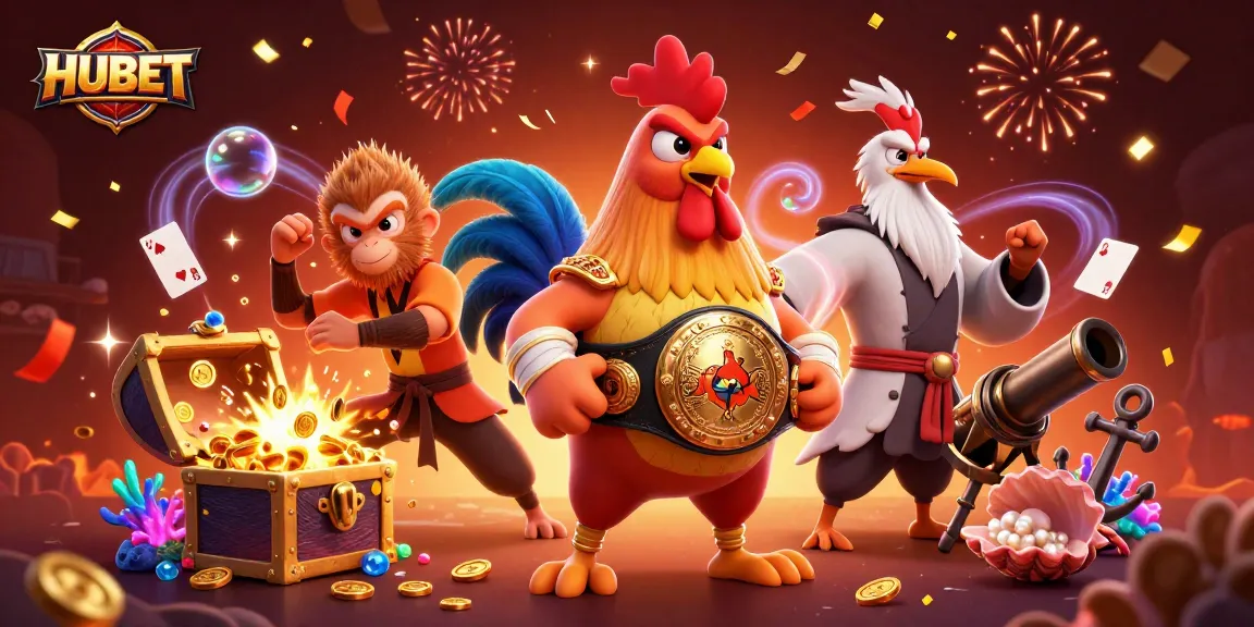Experience HUBET's vibrant gaming environment with fierce rooster and skilled martial artists amid explosive treasure!