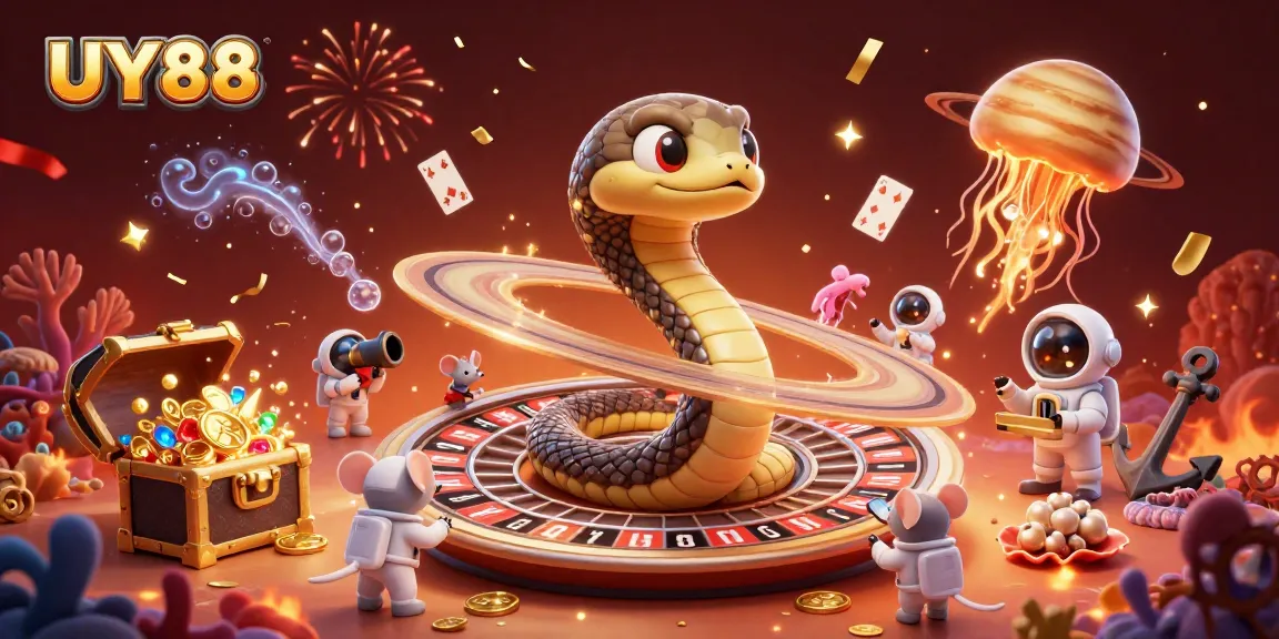 Experience UY88's excitement with a vivid casino scene featuring a cosmic roulette and playful astronaut mice.