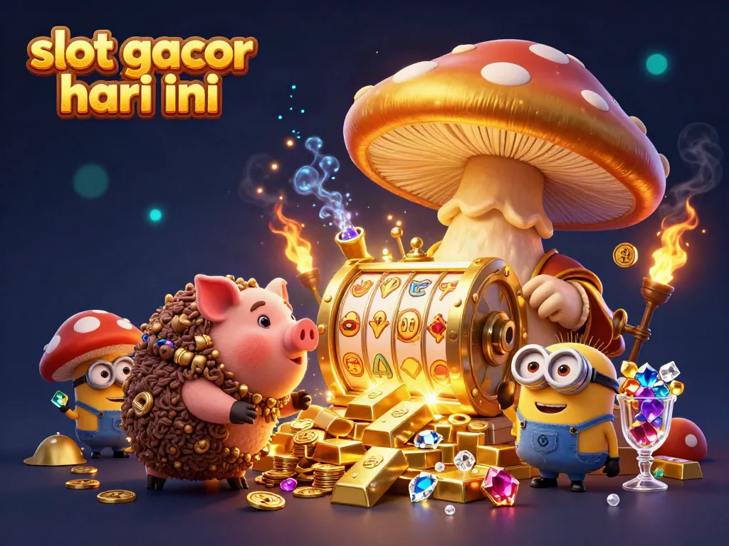 Experience the magic of slot gacor hari ini with a vibrant treasure-filled 3D illustration featuring a golden wizard.