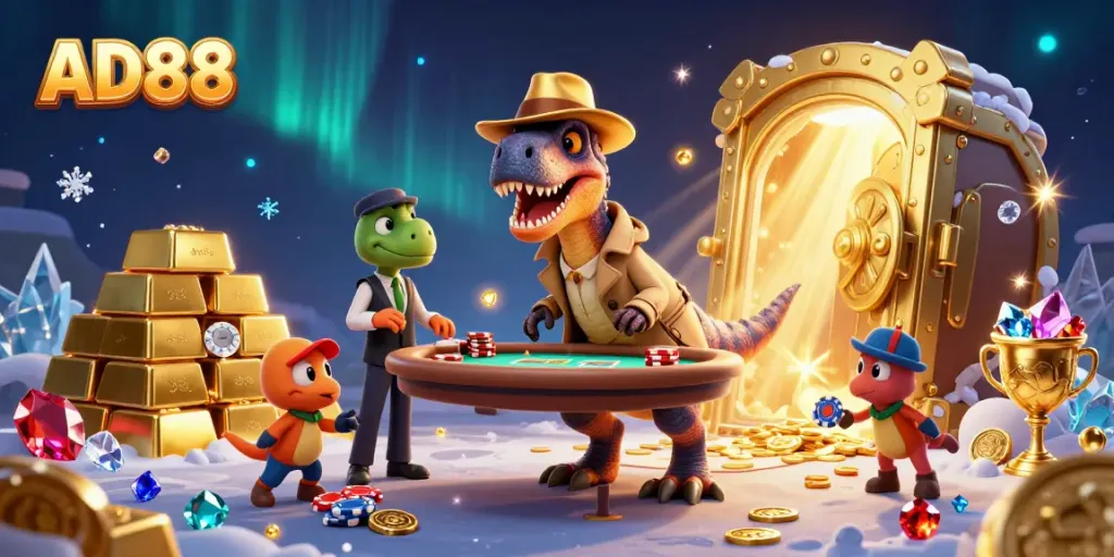 Experience thrilling gameplay with AD88's cartoon velociraptor card counter and playful casino elements.