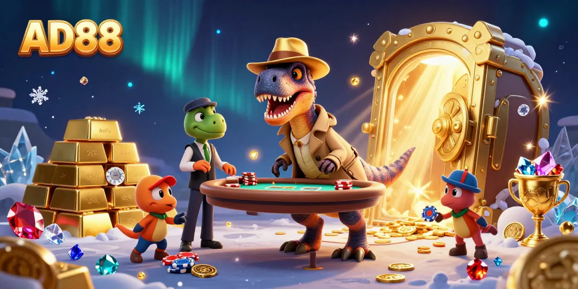 Experience thrilling gameplay with AD88's cartoon velociraptor card counter and playful casino elements.