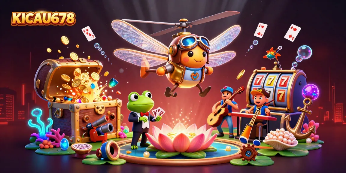 KICAU678 offers thrilling gameplay featuring a dragonfly pilot and frog croupier at a lily pad casino.