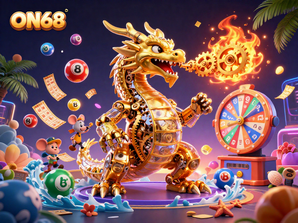 Experience winning opportunities at ON68 with vibrant lottery elements and an engaging 3D dragon.
