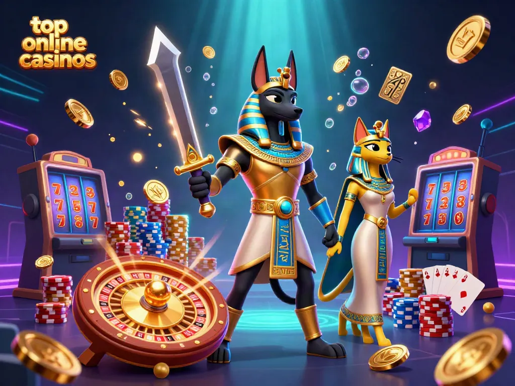 Engage with top online casinos like Anubis and Bastet in a vibrant 3D casino scene filled with excitement.