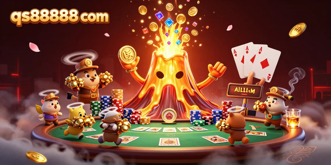 Experience the thrill of qs888888 com as treasure erupts from a golden volcano amidst poker action.