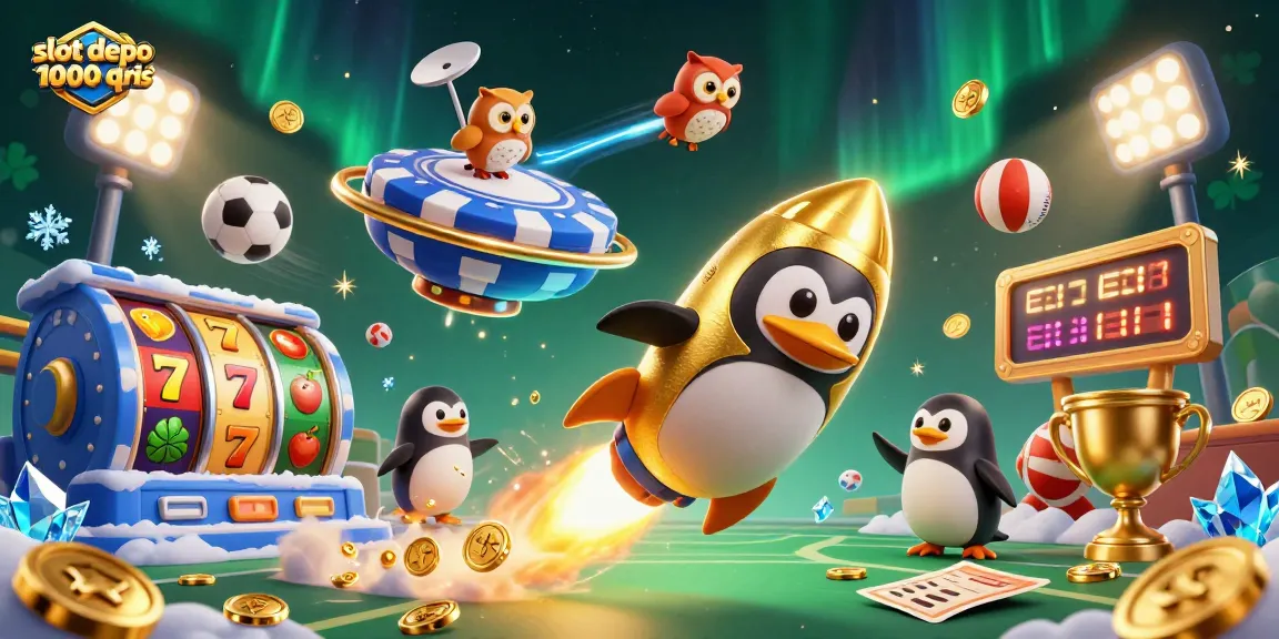 Merayakan keseruan slot depo 1000 qris dengan karakter kartun bertema kasino yang penuh warna dan simbol slot yang menggembirakan.