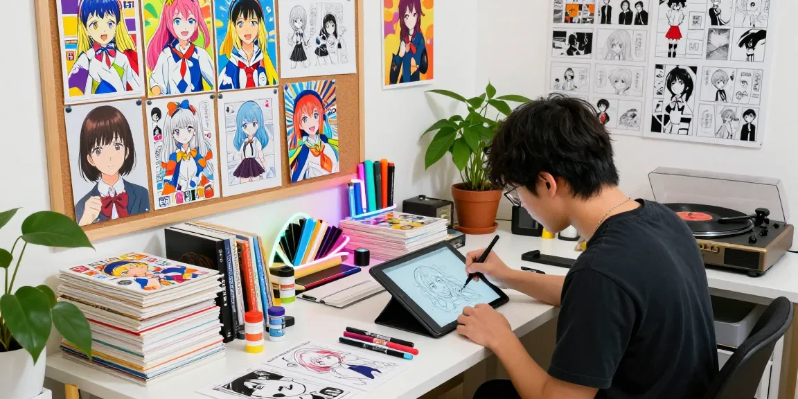 Artistic scene depicting doujinhentai-th.com's creative process in a vibrant studio