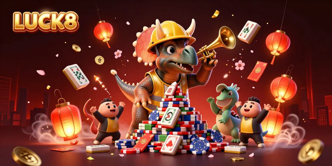 LUCK8 celebrates a vibrant casino experience with animated characters building poker chips amid festive game elements.