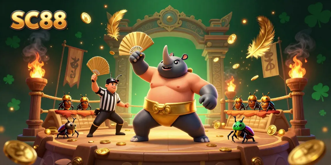 Action-packed illustration of SC88 featuring a beetle sumo champion amidst gold coins and cheering spectators.