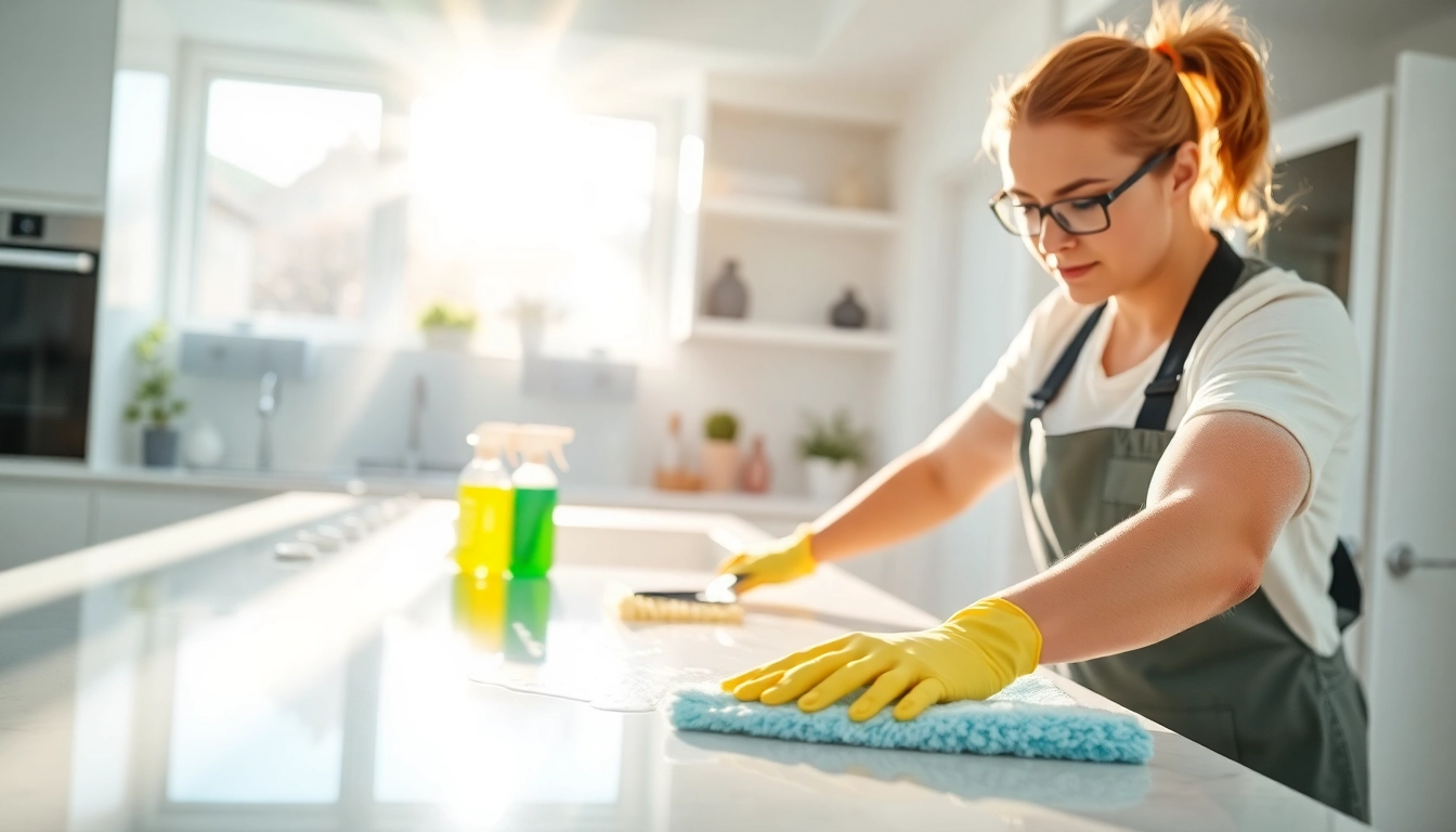 Bond cleaning in progress with a professional cleaner scrubbing a countertop, showcasing effective cleaning techniques.