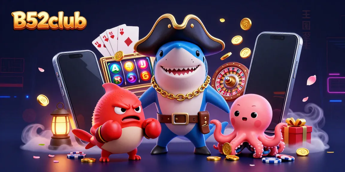 B52club players engage with vibrant slot games and treasures amidst whimsical sea creatures in this dynamic 3D illustration.