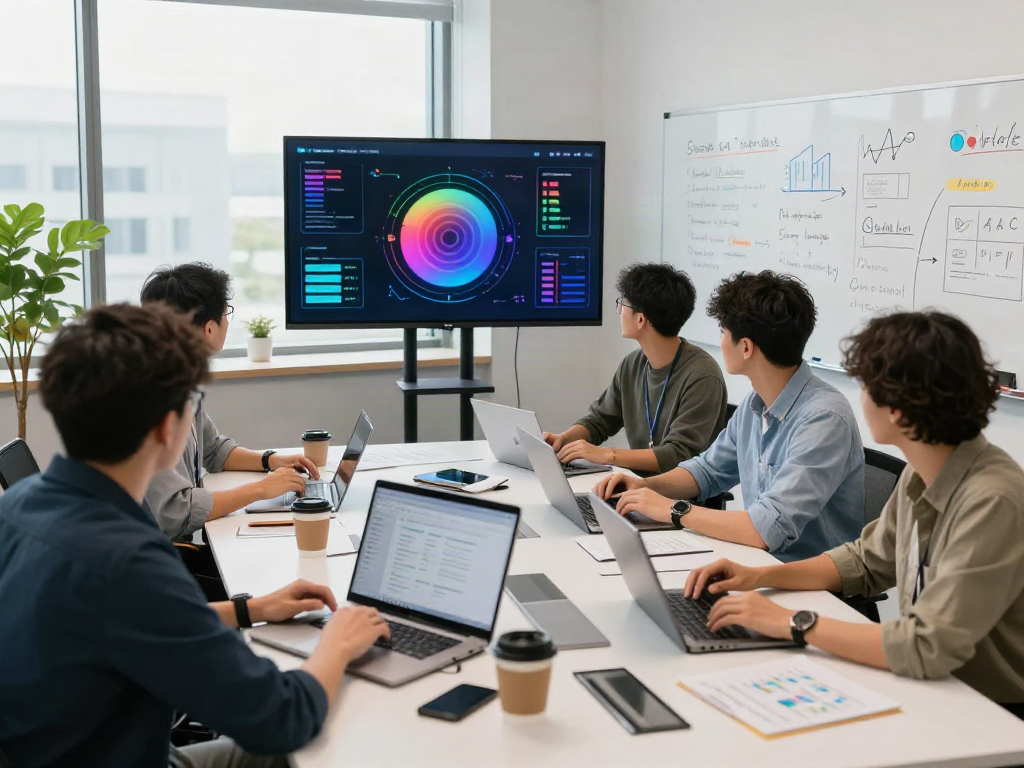 Team collaboration in AI Token Economy workspace focused on power and metrics.
