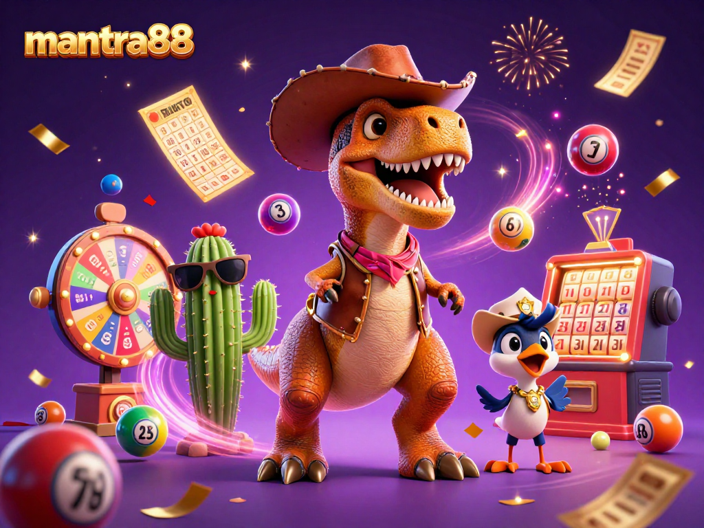 Engage with mantra88's exciting games featuring a T-Rex, cactus, and roadrunner amidst colorful lottery elements.