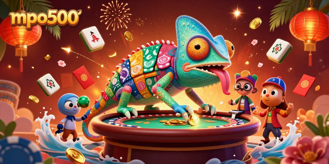 MPO500 showcases a vibrant casino scene with a colorful chameleon, golden coins, and festive decorations.