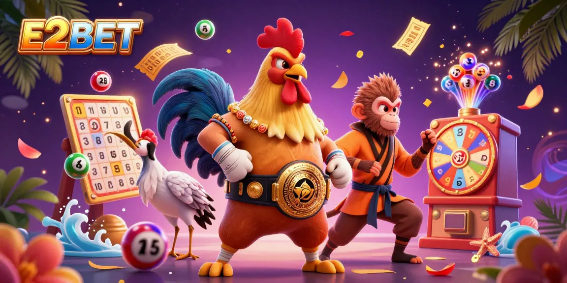 E2BET showcases vibrant gaming energy with a cartoon rooster, crane, and monkey among colorful lottery elements.