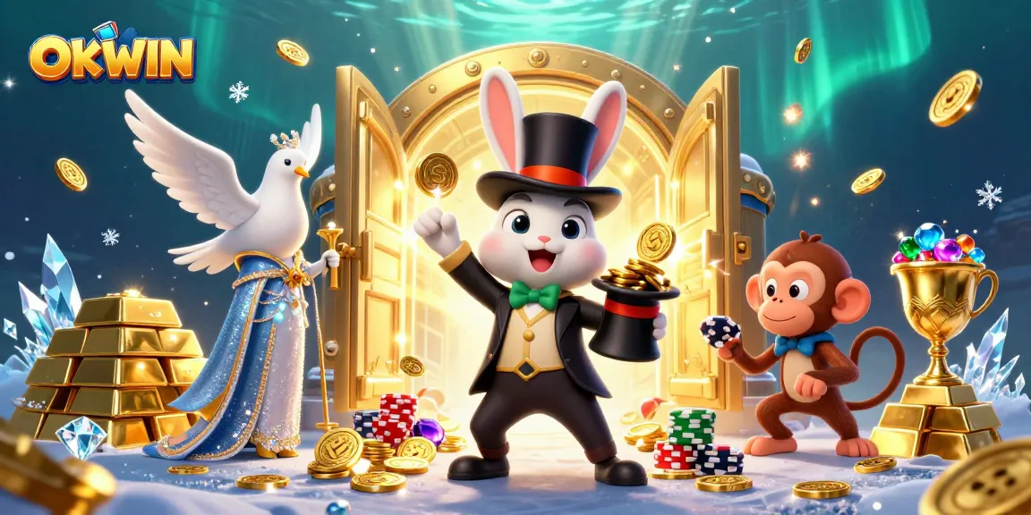 OKWIN's playful casino scene with a magician rabbit, glamorous dove, and cheeky monkey amidst treasure and sparkle