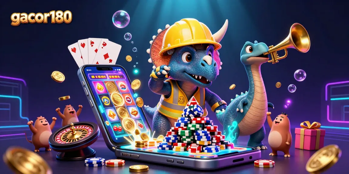 gacor180 memeriahkan permainan dengan karakter saurus kartun dalam suasana kasino.
