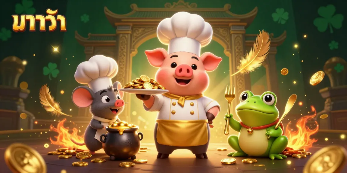 Engage in บาคาร่า with a vibrant scene featuring a chef pig serving gold coins amid swirling feathers and dramatic effects.