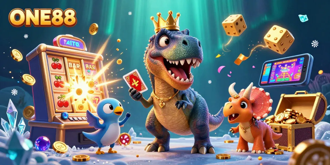 ONE88 reveals exciting wins with a T-Rex shuffling cards and a jackpot explosion.