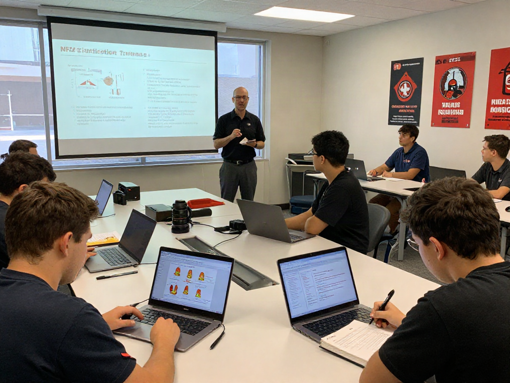 NFPA Certification Training session with diverse students engaged in fire safety learning.