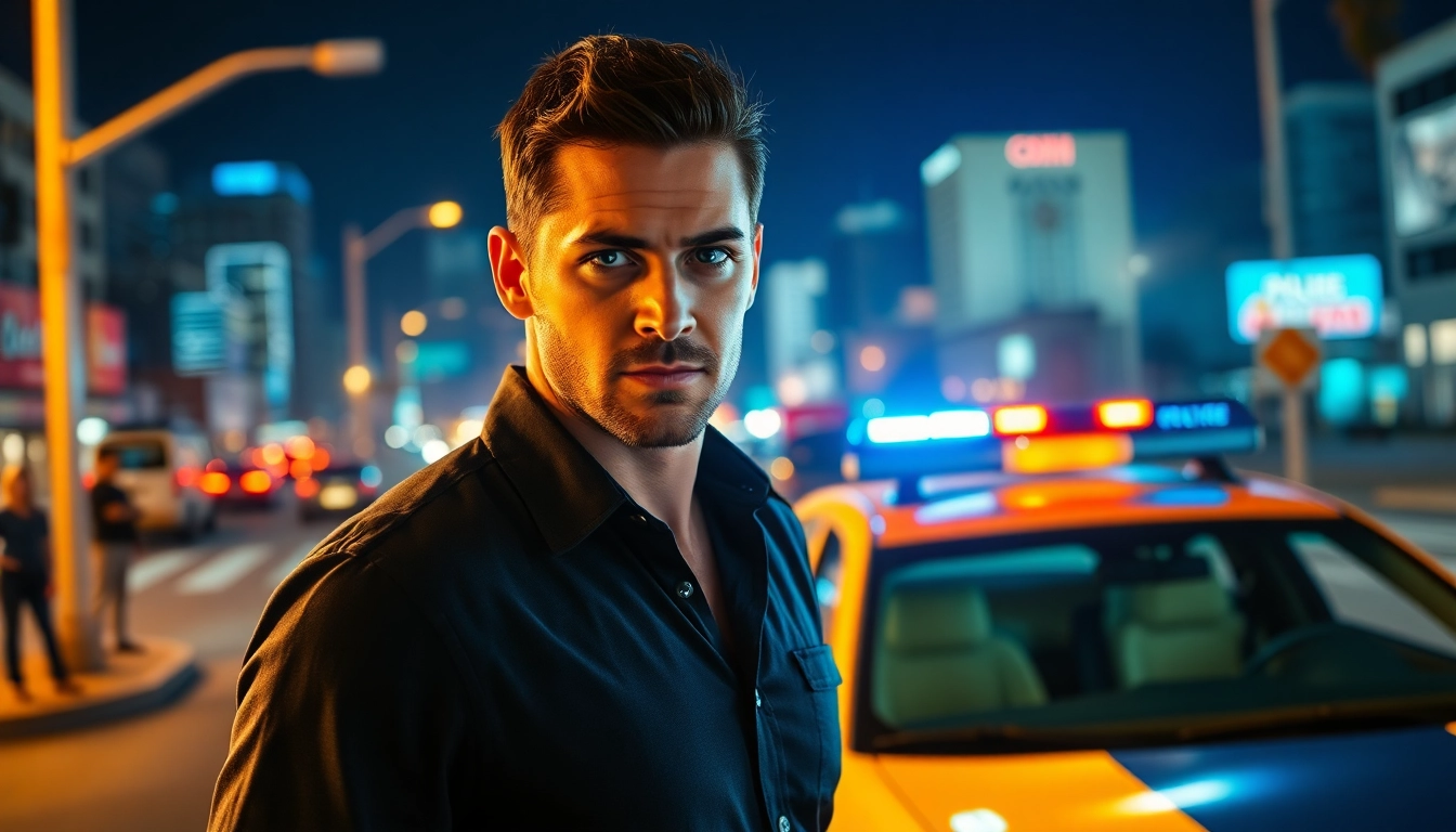 John Nolan from The Rookie engaging in a tense police confrontation in Los Angeles at night.
