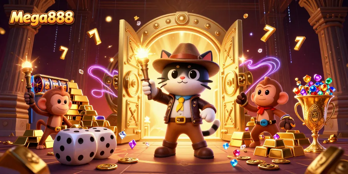 Experience mega888 with vibrant slots and rich casino treasures in this dynamic illustration.