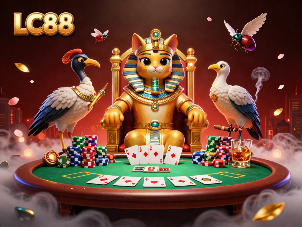 Experience the excitement of LC88 at a lavish casino scene featuring a pharaoh cat and poker elements.