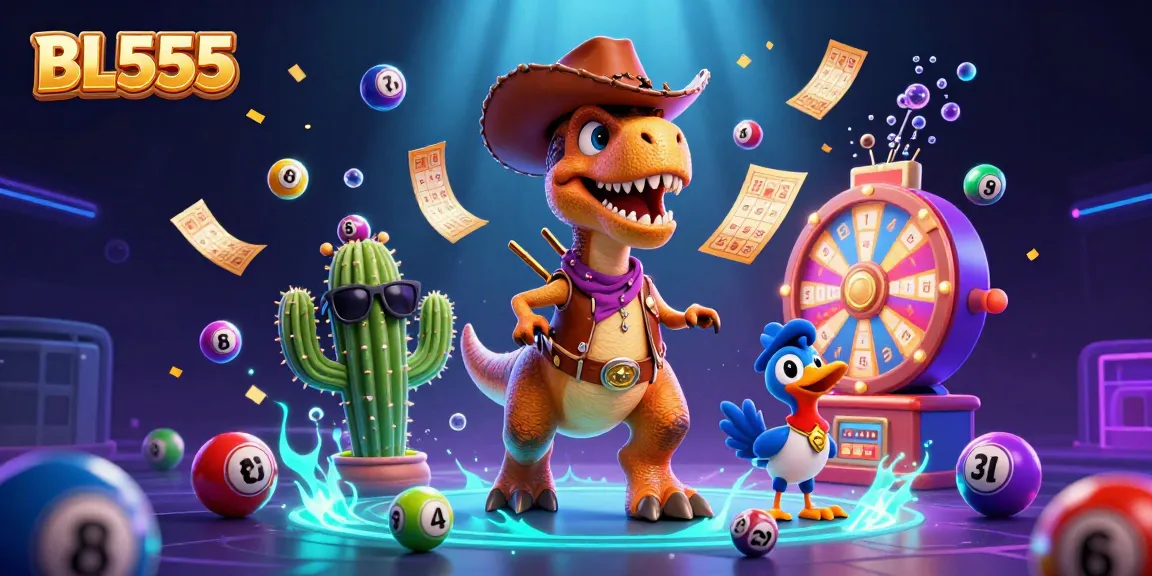 Engage in thrilling gaming with BL555 featuring a dynamic scene with a T-Rex, cactus, and roadrunner surrounded by colorful lottery elements.