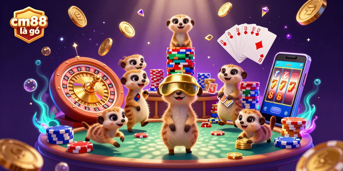 Experience the excitement of cm88 là gì with a vibrant 3D meerkat casino scene featuring immersive games.