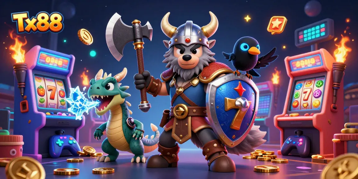 Exciting Tx88 gaming scene with a Viking warrior, dragon, and raven in a vibrant casino atmosphere.
