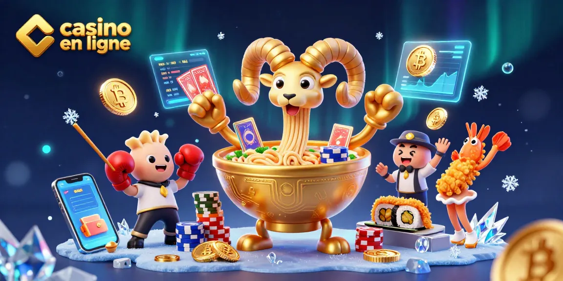 Jouer dans un casino en ligne avec un ramen géant, des pièces de Bitcoin et des éléments de jeu colorés.