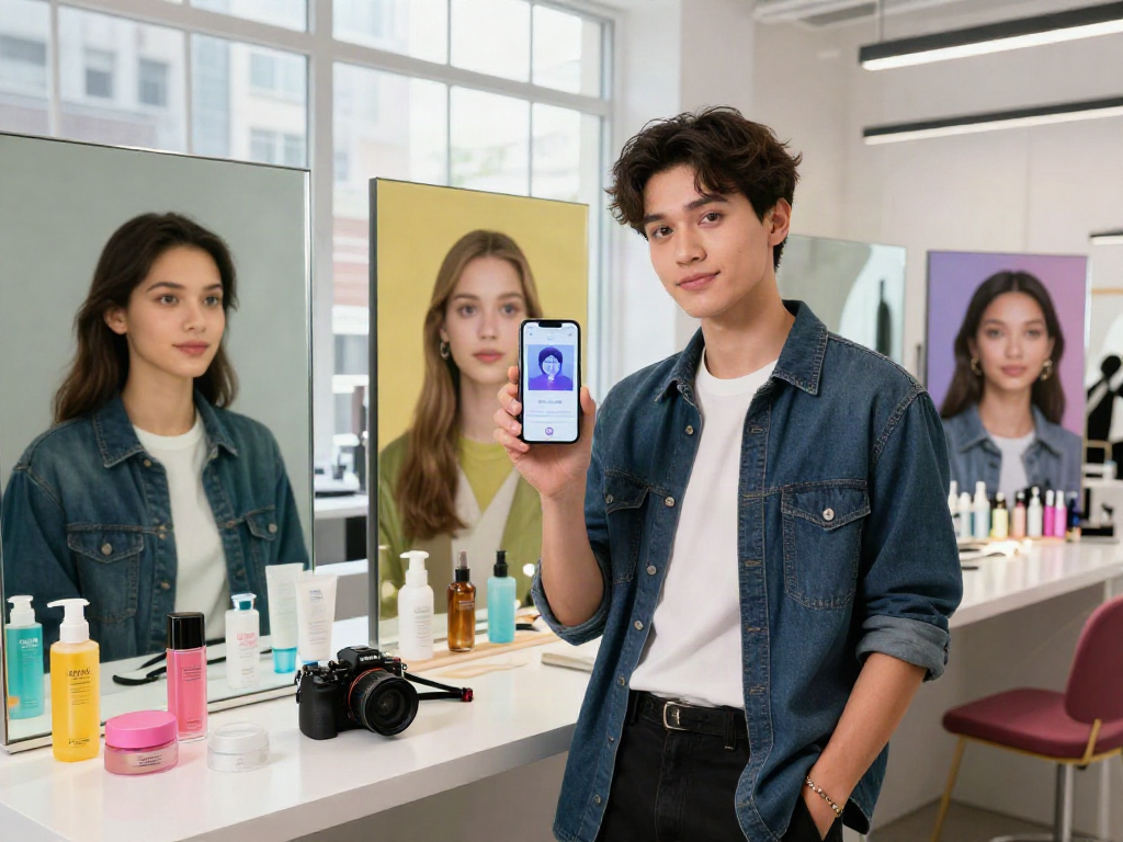 Engaging beauty testing scene showcasing the test of attractiveness with a young person using an AI application.