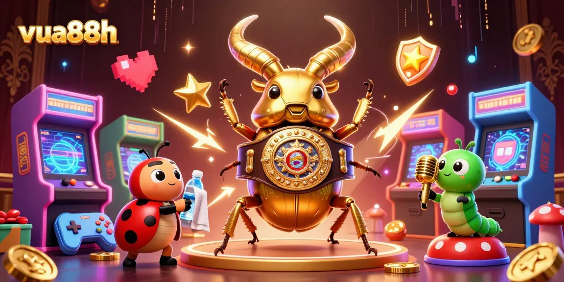 Engage in the dynamic world of vua88h, featuring a giant golden beetle champion with vibrant gaming elements.