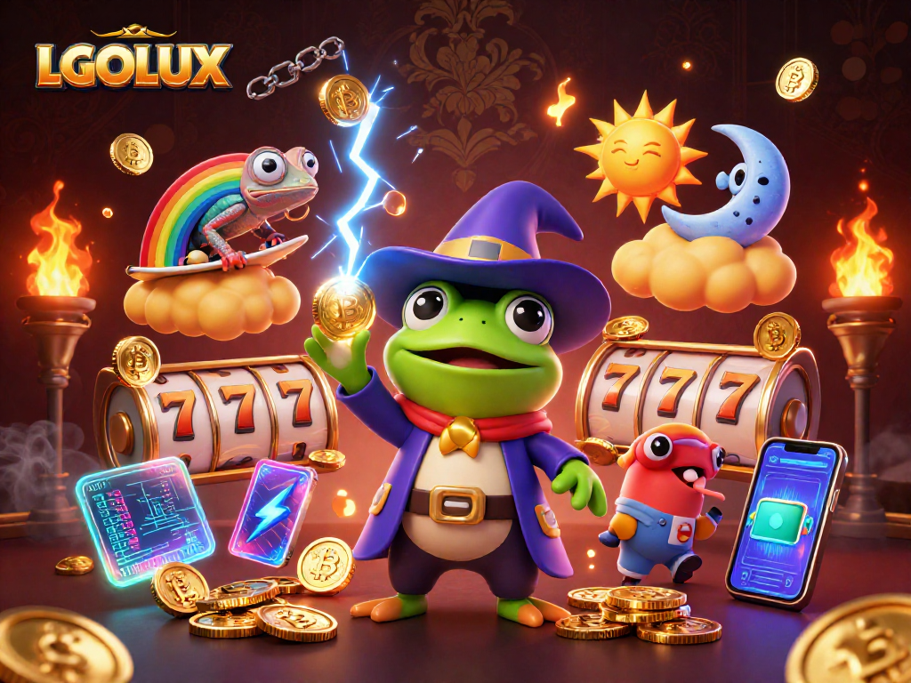 Experience winning thrills at LGOLUX with vibrant slots and golden coins swirling around players.