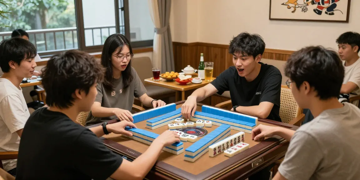 Players engaged in a game of MahjongJP88, enjoying vibrant tiles and snacks in a cozy game room.